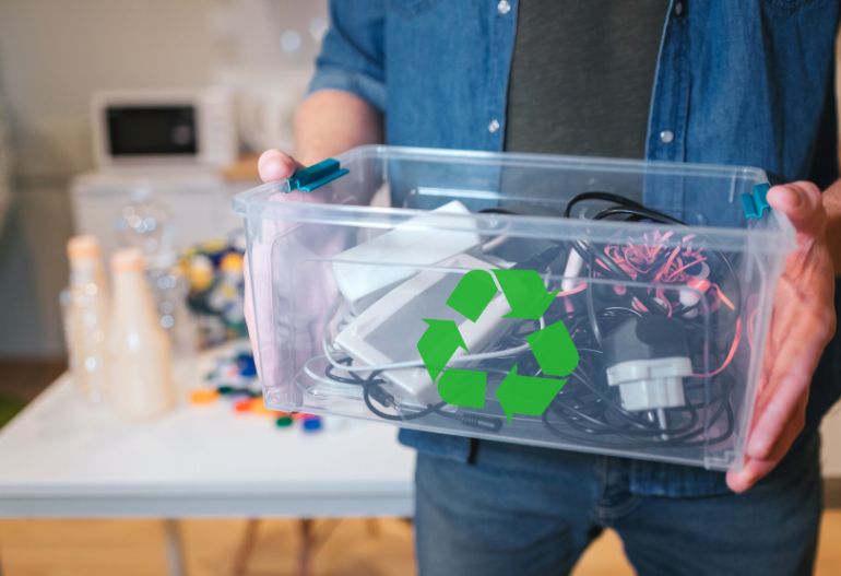 Man holding a box with electronics for recycling and disposal in Massachusetts