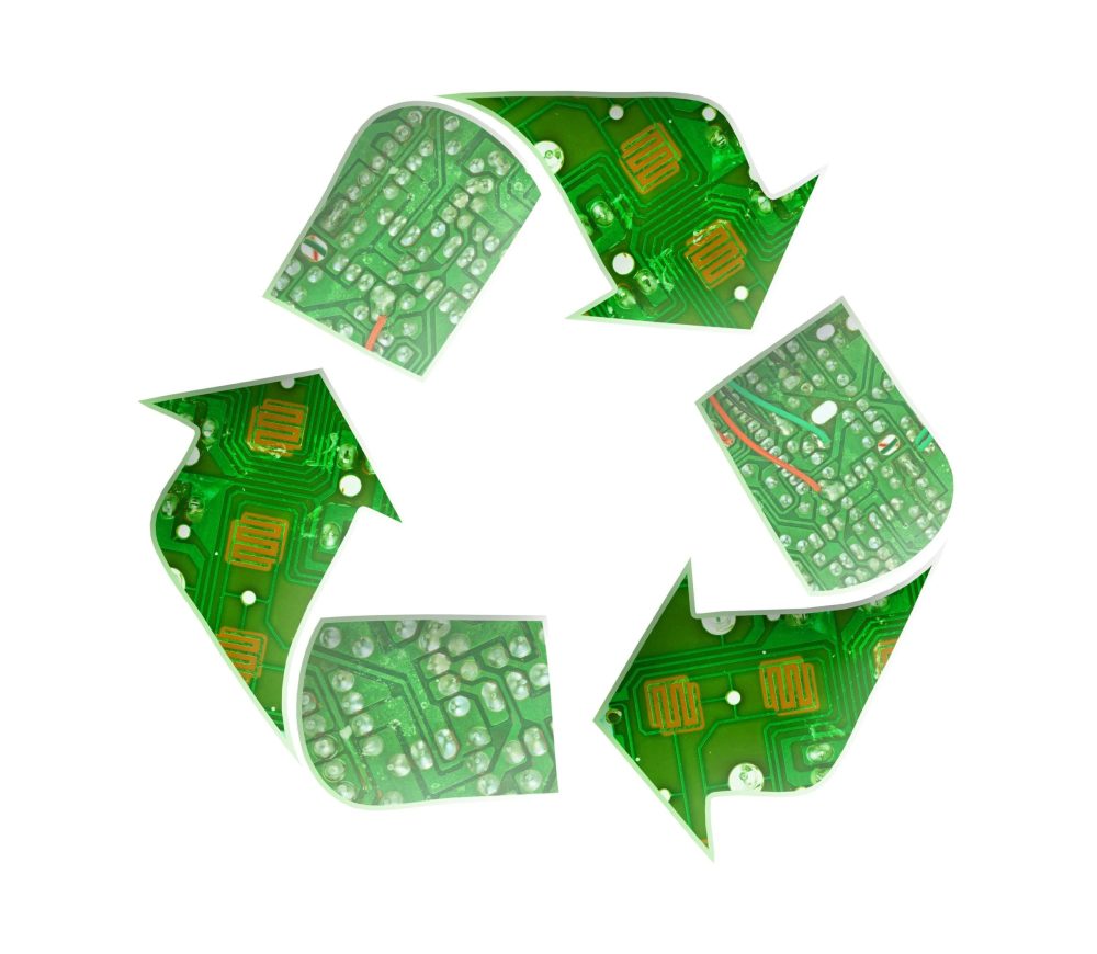 Recycling icon with circuit board background